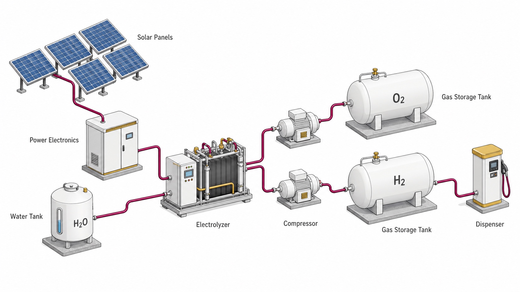 Illustrated integrated green hydrogen system: solar panels feed a power electronics cabinet that powers the electrolyzer, a water tank supplies the water, and compressors send the oxygen and hydrogen streams to separate storage tanks, with a dispenser drawing from the hydrogen tank.